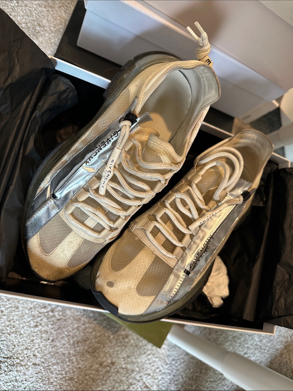 Givenchy Beige and Silver Mesh Runner Sneakers -worn w/ box and dust bags